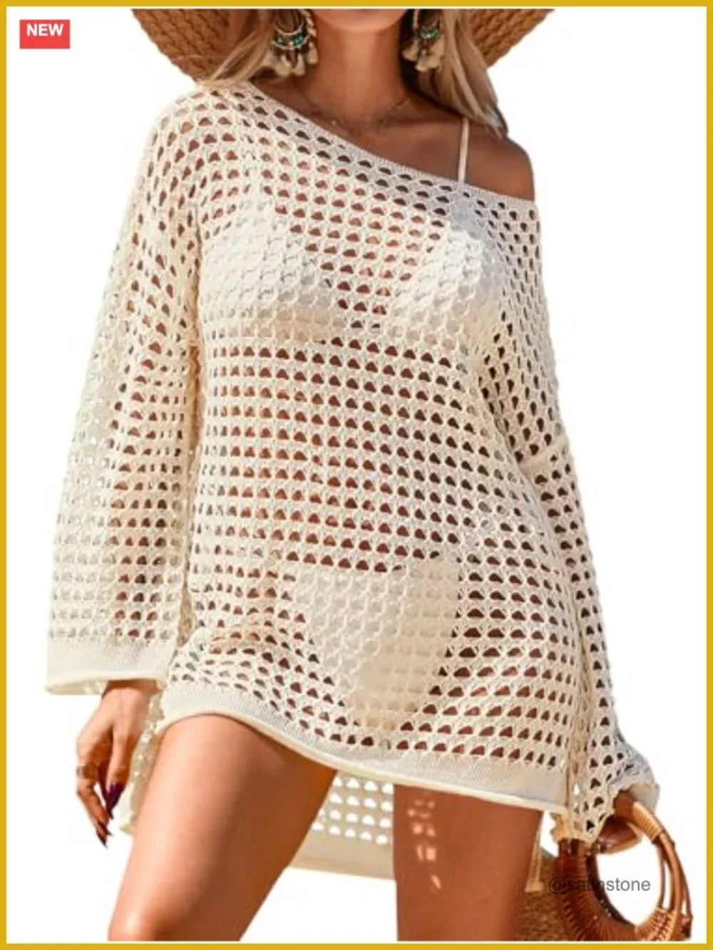 Crochet Oversized Long Sleeve Mesh Swimsuit Cover Up Beach Dress